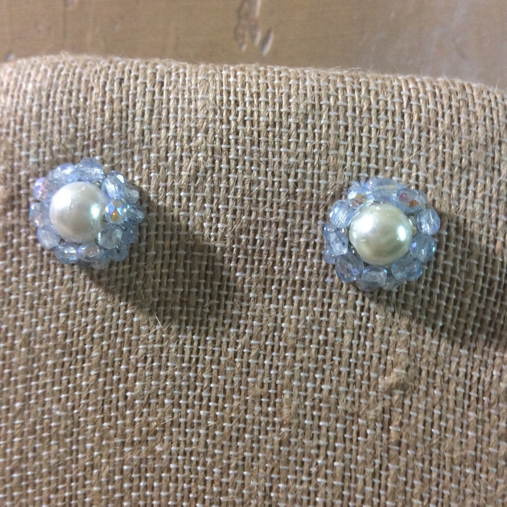 Handcrafted stud earrings, blue and white